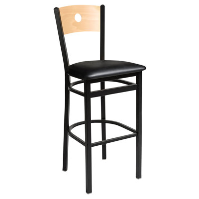Darby Circle Wood Back Barstool - Natural Back - Quick Ship Black Vinyl Seat - Steel Frame - Sand Black Finish