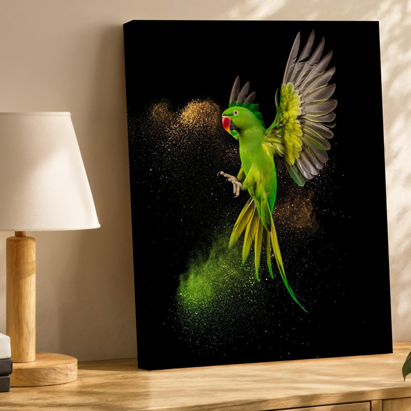Reproduction d'art sur toile, un perroquet vert vibrant en vol, H 30 po x l 30 po