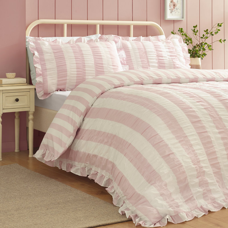Seersucker Frill Stripe Duvet Cover Set, King, Pink