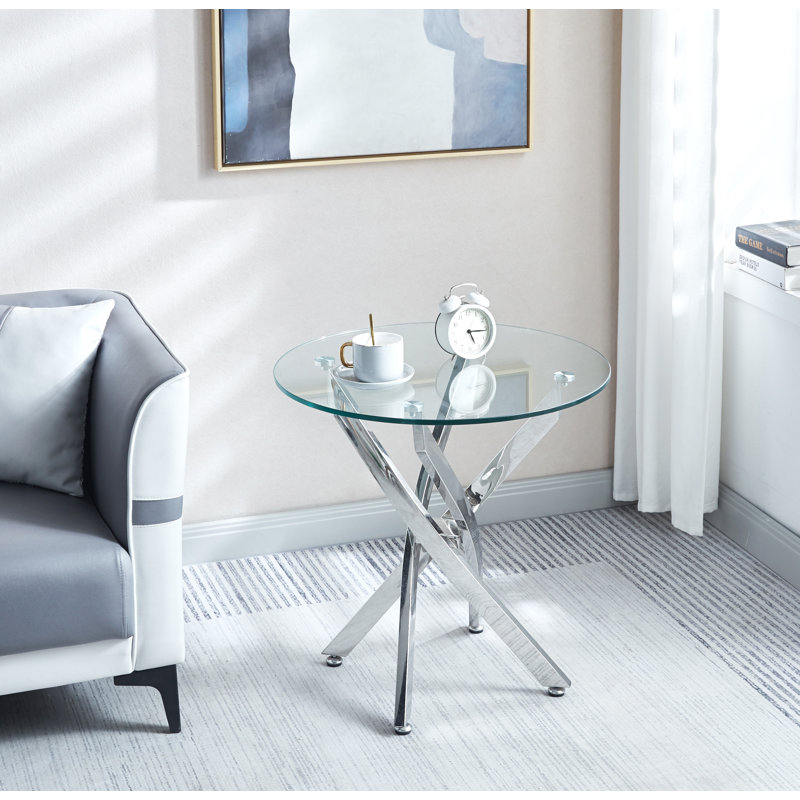 Table de bout moderne en verre trempé avec pieds chromés