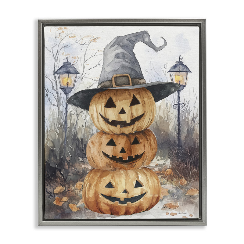 Jack-o-lanternes empilées avec cadre flottant de chapeau de sorcière, design par Nicole DeCamp, H 21 po x l 17 po