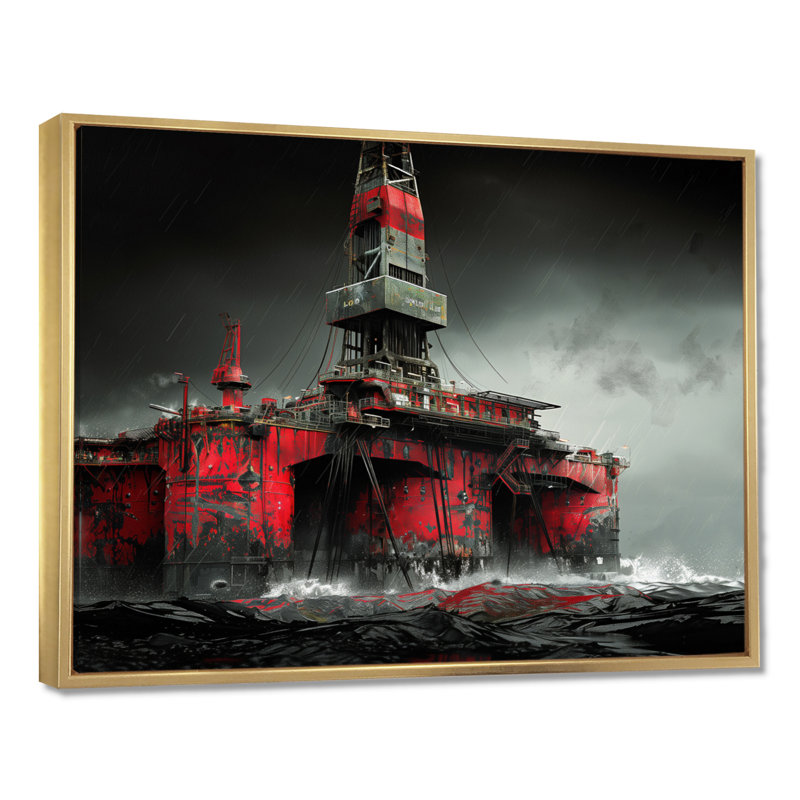 Rouge, noir, hiver, forage, aube, plate-forme pétrolière II, Toile avec cadre flottant or, H 16 po x l 32 po x P 1 po