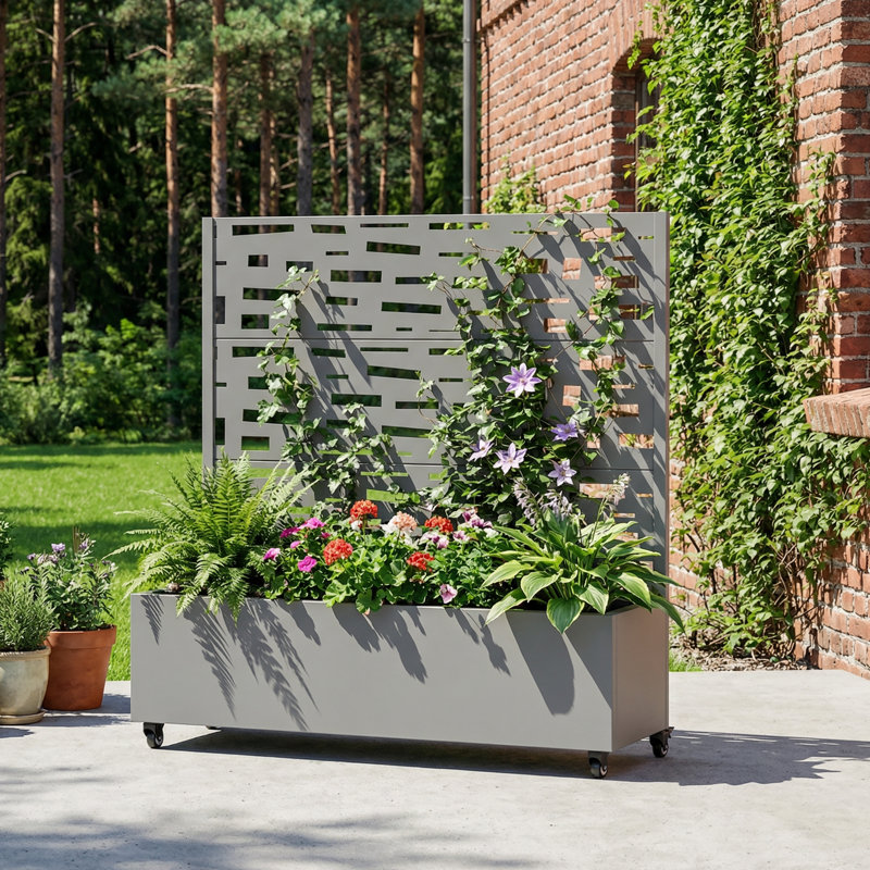 Boîte à fleurs en métal avec treillis et roues, H 47 po x l 47 po x P 16 po, Grey