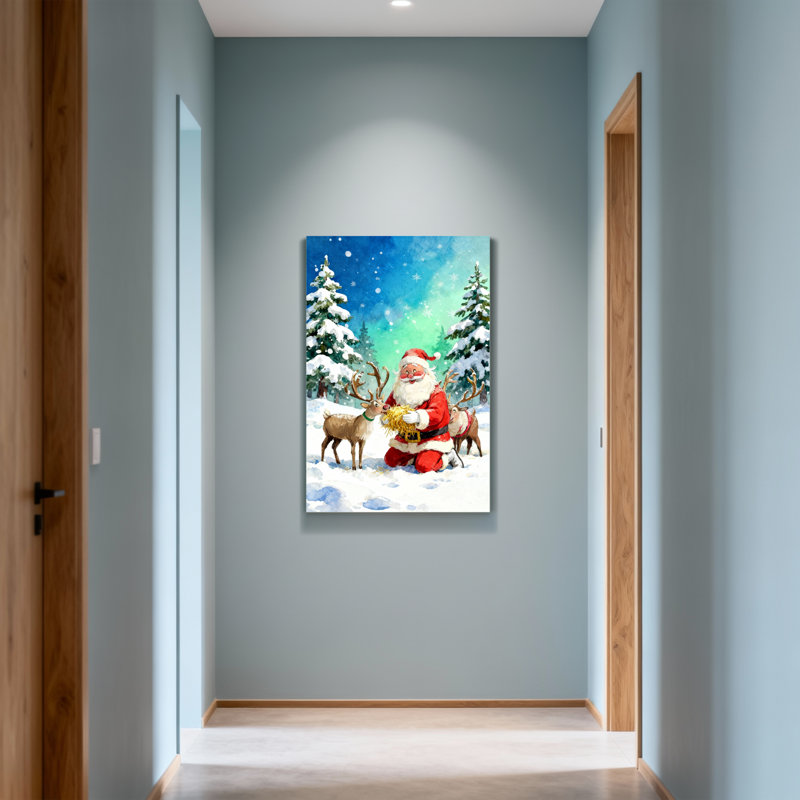 Noël père Noël avec renne dans la forêt enneigée, H 30 po x l 20 po
