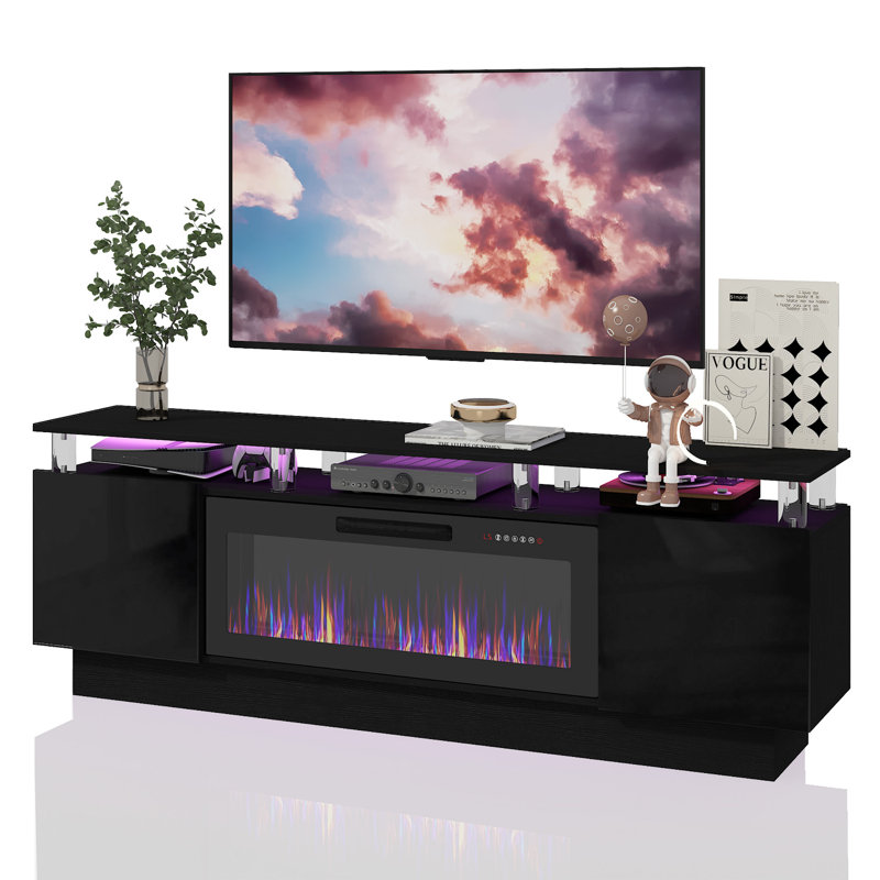 2 Tier High 70" Gloss Tv Stand With Electric Fireplace, Black
