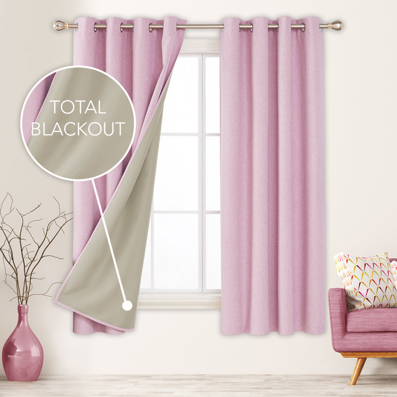 Lythrodontas Faux Linen Total Blackout Curtain Panels, 52" W x 84" H, Pink
