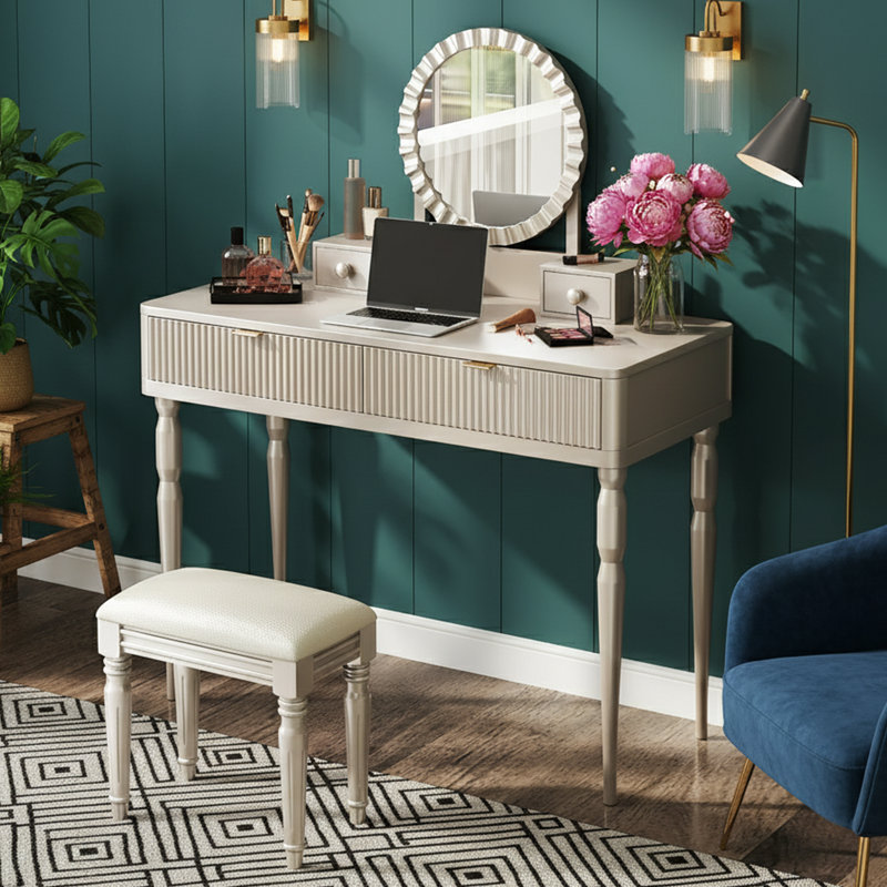 39.4'' W Luxury Vanity Desk - Champagne Finish - Round Mirror, Height-Adjustable & 4 Drawers, Champagne