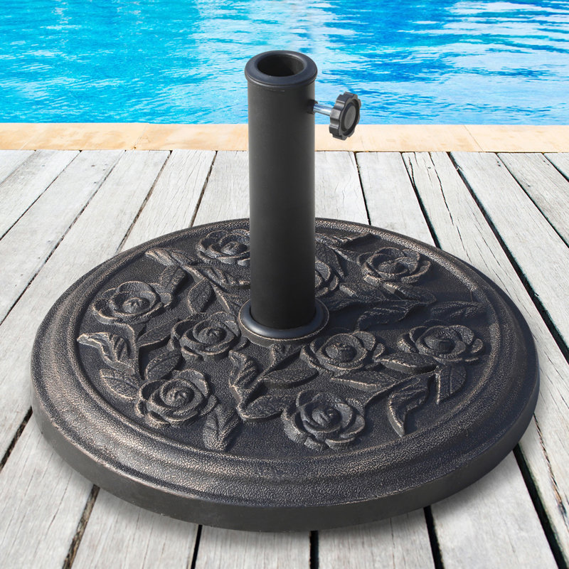 Porte-parasol 18 "à base ronde en résine 18" avec porte-parasol de marché avec motif floral rose et installation facile, pour poteau de "1,5 po, .81,89 po, pour pelouse, terrasse, cour, jardin, bronze