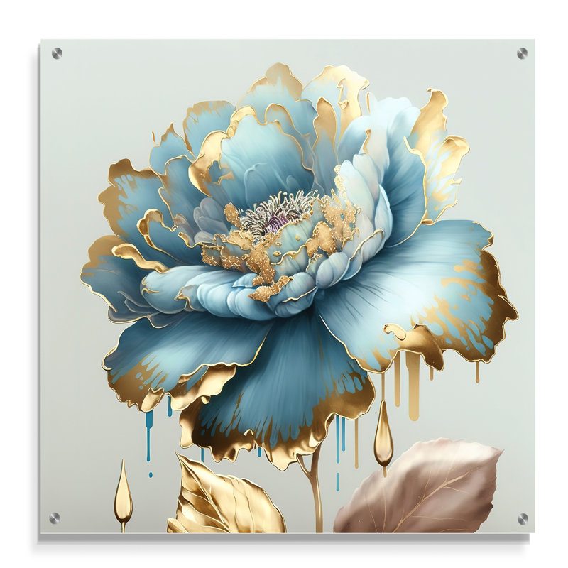 «Chic Blue Blooming Flower III», art mural fleurs en acrylique, H 16 po x l 16 po