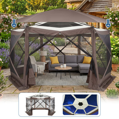 Tente escamotable 13 x 13 pi avec dessus ciel étoilé, pavillon de jardin à 6 côtés avec filet, abri imperméable pour la cour arrière, kaki et beige