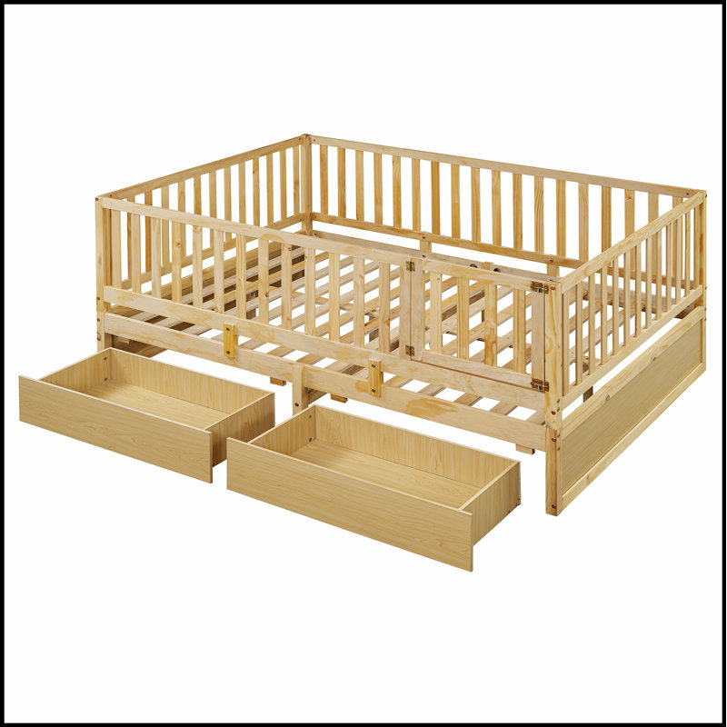 Lit de jour en bois avec garde-corps et 2 tiroirs, divisé en lit indépendant pour la sécurité et le rangement, Naturel, Full