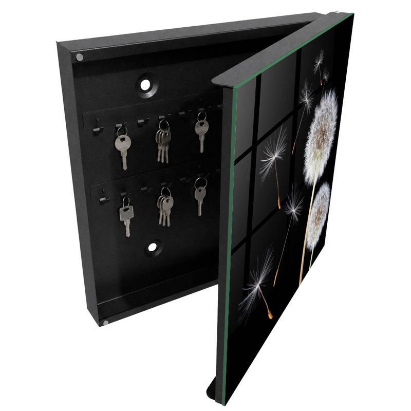 Key box, Opens to the left, 30x30x5, White, Dandelions on a black background without a dot, 