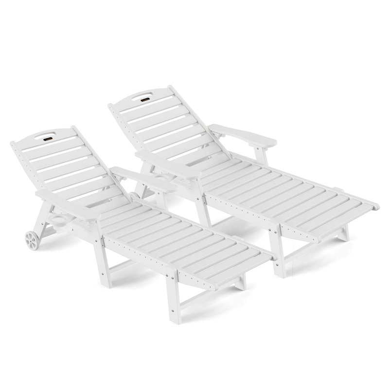 Outdoor Wood Texture Pool Reclining Lounge Chaise  With Wheels & Cup Holder (Set of 2), White