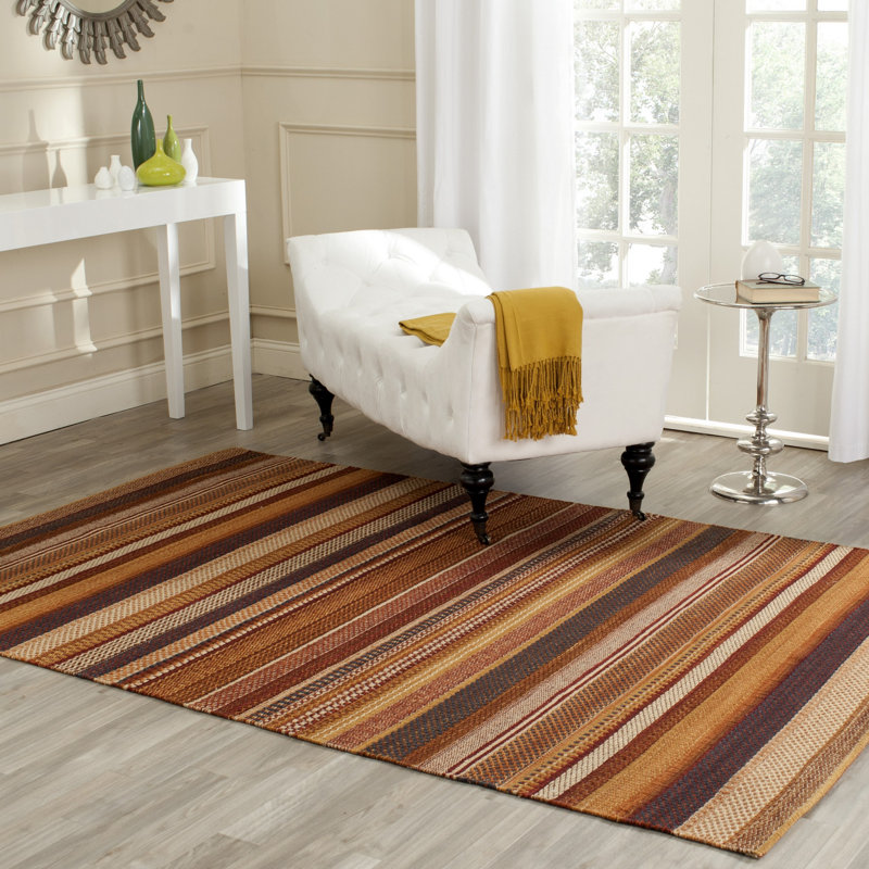 Tapis rayé en laine tissé à la main Carper, Rectangle 9 pi x 12 pi