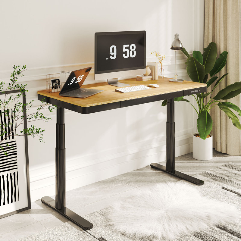 Landaverde 55"x28" Dual Motors Height Adjustable Standing Desk Wireless Charging with Drawer, Black, Bamboo