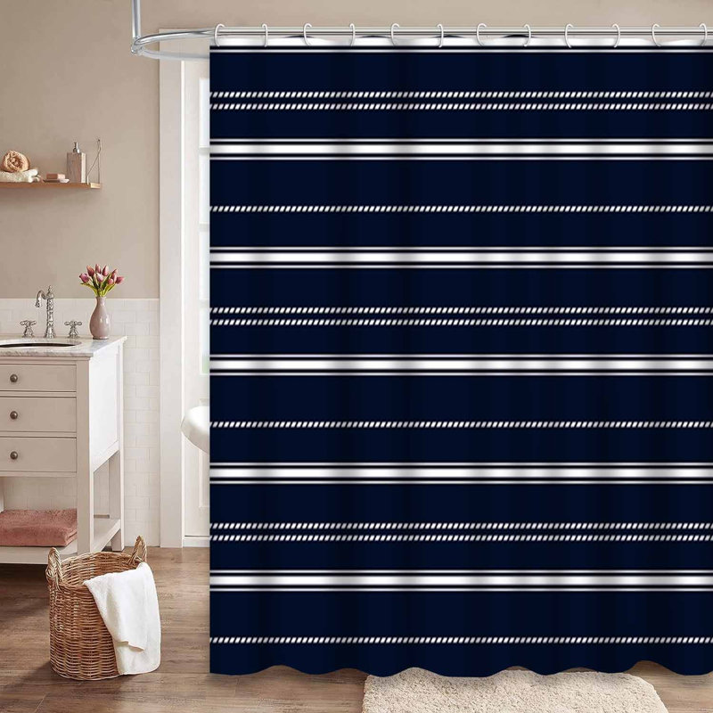 Rideau de douche rayé bleu blanc marine à 12 crochets, L 72 po x l 78 po