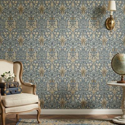 Vintage Blue Floral Damask Wallpaper with Beige Botanical Vines
