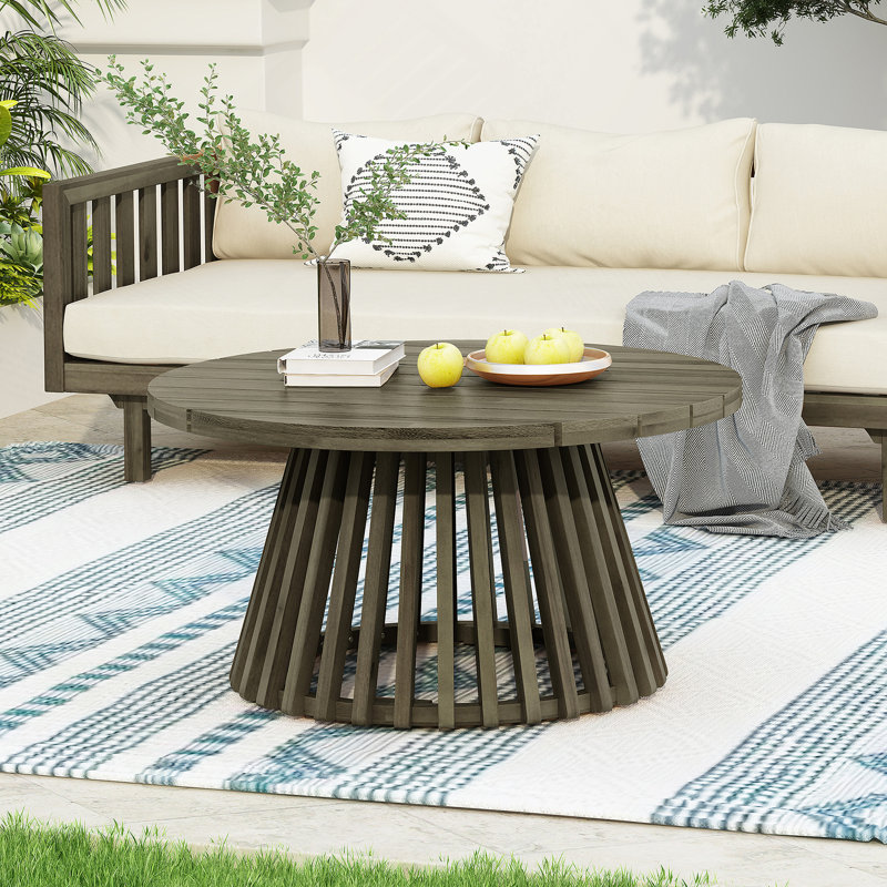 Table basse d'extérieur en bois d'acacia pour le patio, table basse ronde pour la cour arrière, pelouse, balcon, finition grise