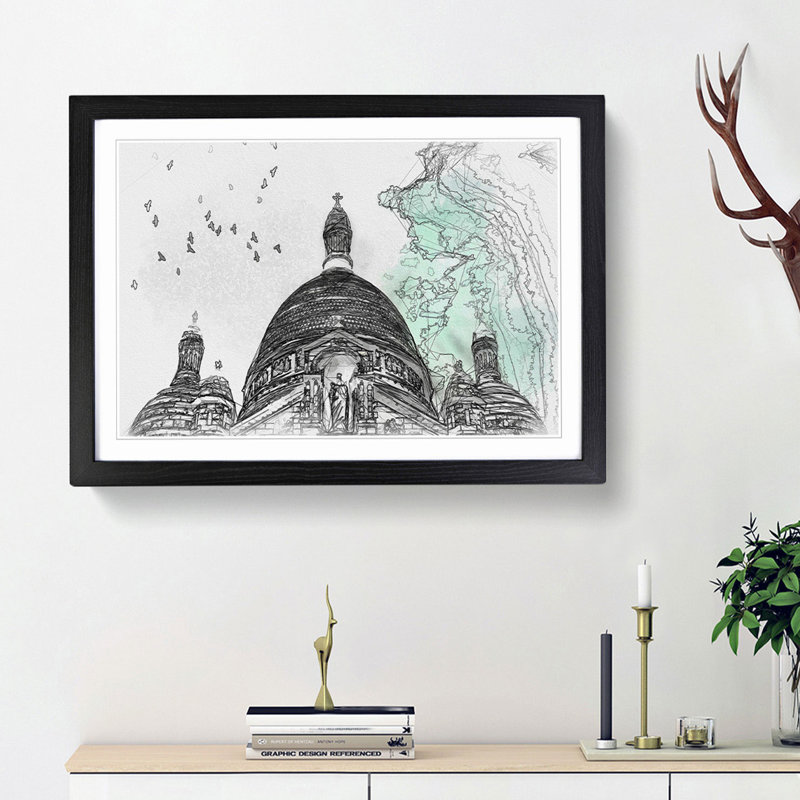 Birds Above Sacre Coeur Paris in Abstract - Picture Frame Graphic Art Print, 48cm H x 65cm W x 2cm D, Black Framed