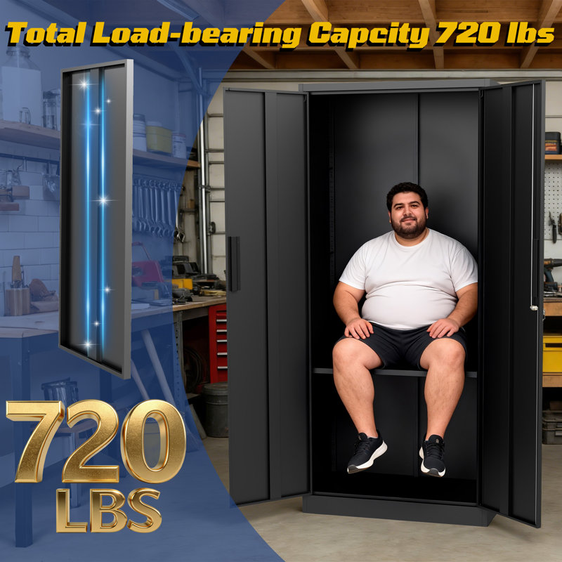 72" Heavy-Duty Metal Storage Cabinet with Lock - Black Garage Shelving Unit, 72"H x 35.4"W x 17.7"D, No