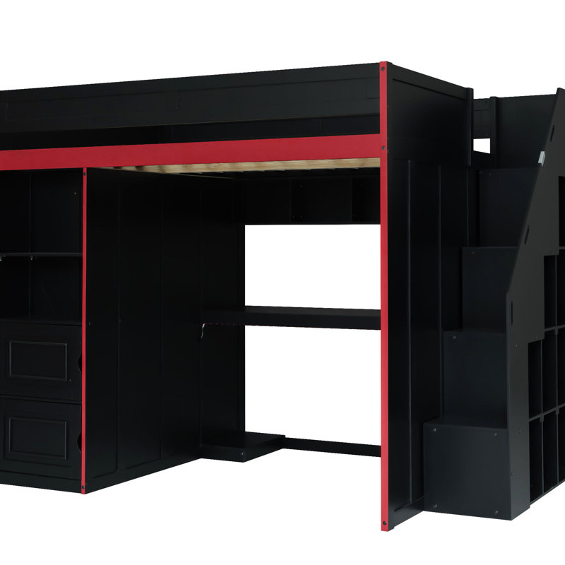 Grand lit mezzanine avec bureau, rangement et lumières à DEL, couleur noire, bois pour une chambre à coucher moderne