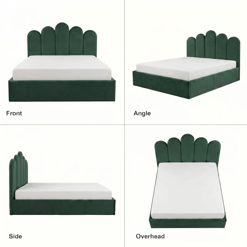Modern Palm-Shaped Upholstered Bed with Lift Up Storage, Queen, Green Velvet, Queen, Green