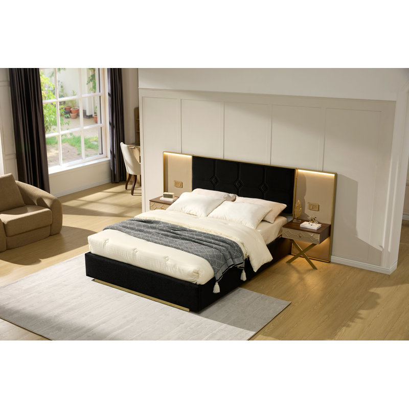 Luxueuse base de lit plateforme luxueuse, tête de lit en velours recouverte de métal, 2 lampes murales et table de chevet intégrées, structure en métal robuste et en bois massif, aucun sommier nécessaire, noir haut de gamme