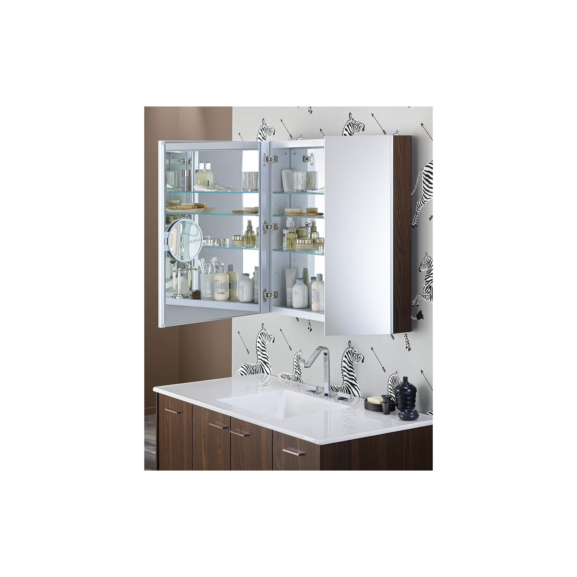 Verdera Aluminum Medicine Cabinet with Adjustable Magnifying Mirror and Slow-Close Door, 30"H x 34" W x 4.75" D