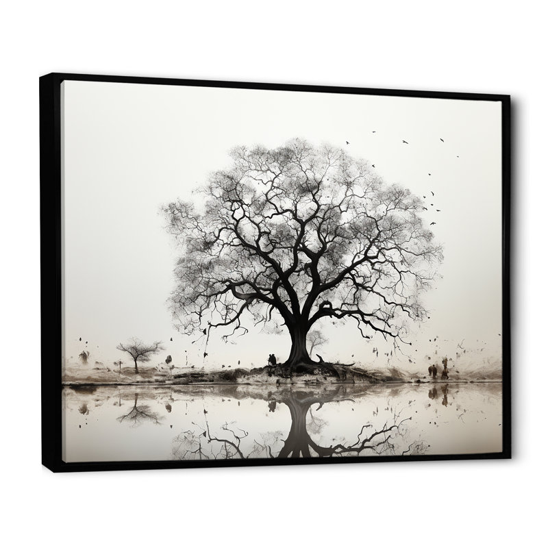 Baobab gris minimalisme IV, Cadre flottant noir, H 16 po x l 32 po x P 1 po