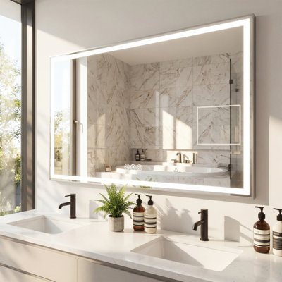 48" x 32" Aluminum Frame LED Smart Bathroom Mirror, 0.2in Copper-Free Silver Glass, One-Button Defogger, Memory Function, 3-Color Dimmable Lighting, Explosion-Proof Backing