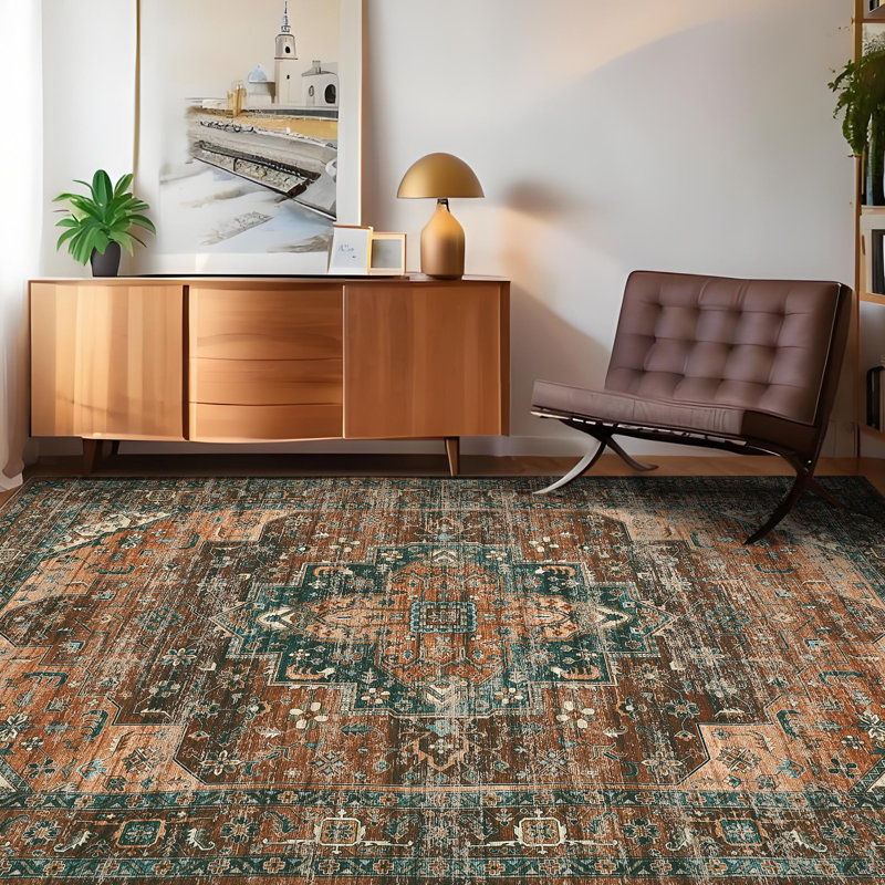 Oriental Machine Washable Area Rug for Living Room Non-Slip Vintage Carpet with Rubber Backing for Bedroom Hallway Dining Room Kitchen Office Farmhouse
