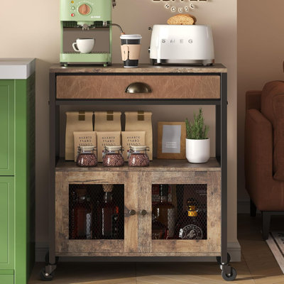  Coffee Shop Cabinet, 3 Tier Kitchen Coffee Cart with Drawer for Home, Ktichen Station Table Farmhouse Furniture with Wheels for Living Room, Entryway, Dining Room, Kitchen