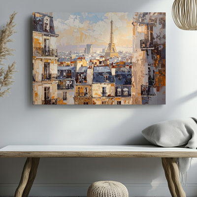 Parisian Rooftops And Eiffel Tower Romantic Textured Cityscape Canvas Wall Art Ready To Hang Gallery Wrapped Home Decor Modern Design