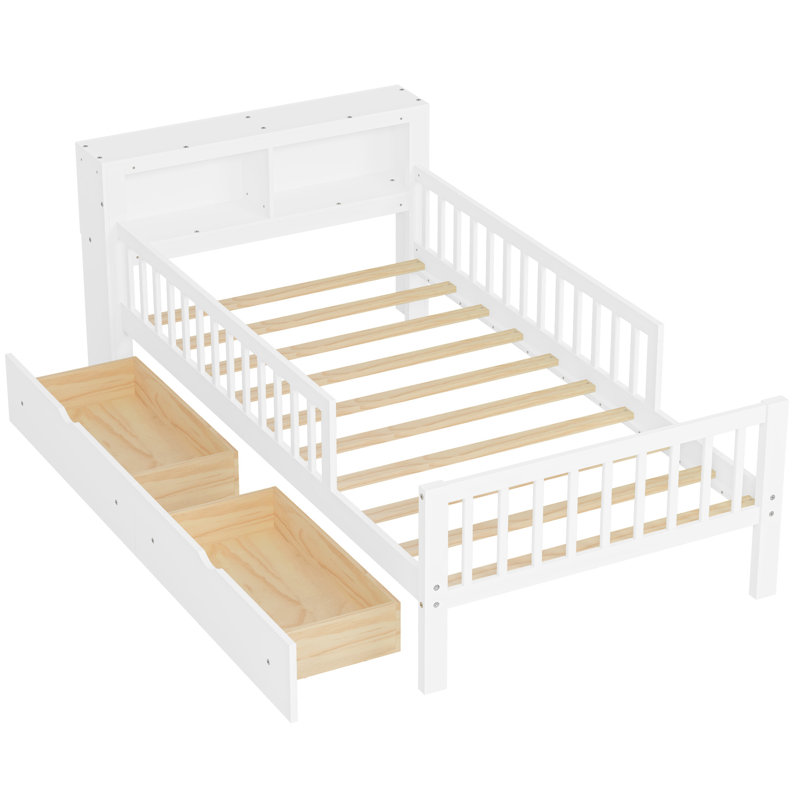Lit simple avec rangement pour tête de lit - Deux garde-corps sous les tiroirs - blanc, taille propre, White
