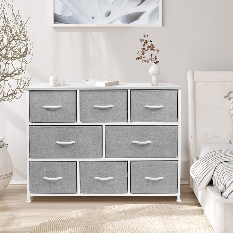 White and Gray 8-Drawer Fabric Dresser with Steel Frame