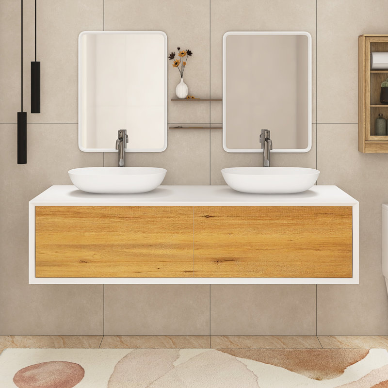 63 In. W X 21.7 In. D X 15.7 In. H Double Sinks Wall Mounted Bath Vanity In F.Oak With White Solid Surface Top