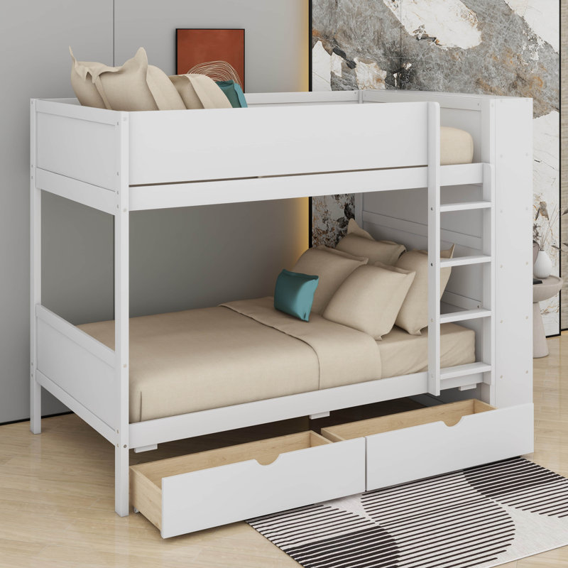 Lit superposé simple au-dessus de simple avec tiroirs et armoire, Blanc