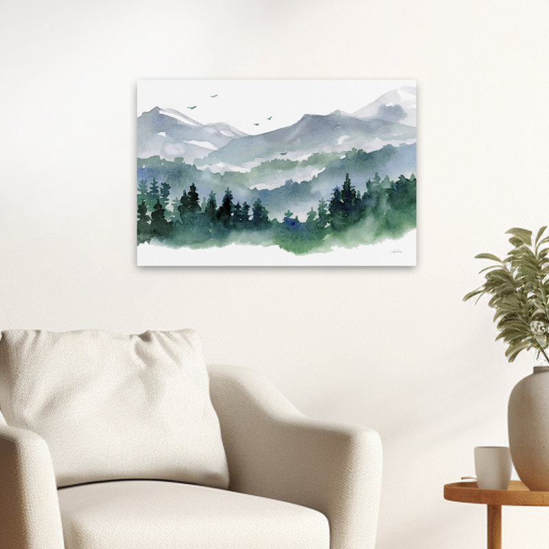 Nord-ouest II - oiseaux bleus à feuilles persistantes, art gris, H 16 po x l 24 po