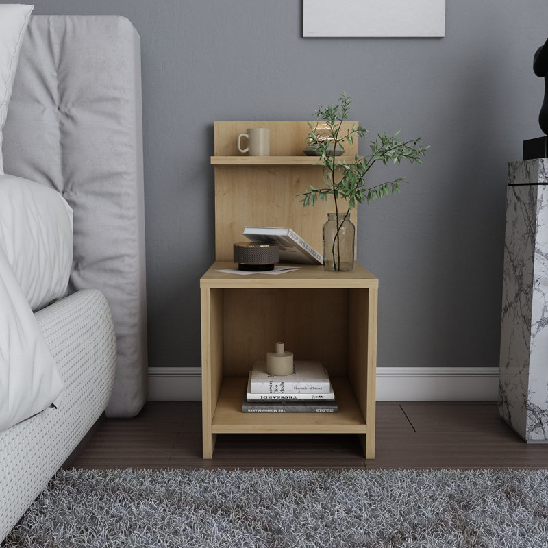 Table de chevet moderne en chêne, design scandinave, 14,0 x 14,8 x 28,3 pouces | 100% panneau de particules enduit de mélamine, épaisseur: 0,7 pouce | Solution de rangement élégante pour la chambre à coucher et le salon, finition beige élégante