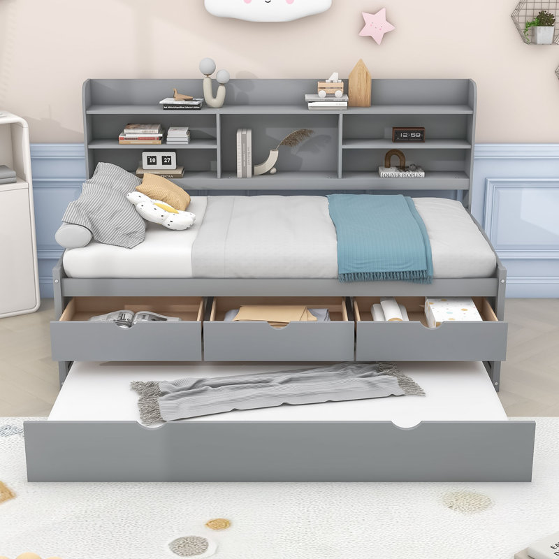Lit de jour simple avec tablettes, 3 tiroirs et gigogne simple Deveral, Gris clair