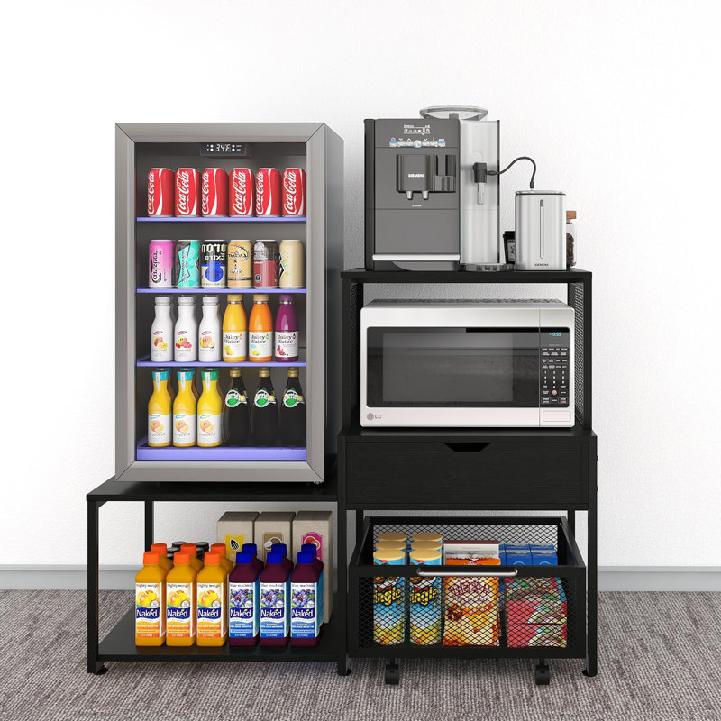  Mini Fridge Stand with Storage, Coffee Bar Cabinet with Power Outlet and Drawer, Microwave Oven Stand with Rolling Basket, Beverage Refrigerator Table for Home, Dorm, Apartment, Pantry