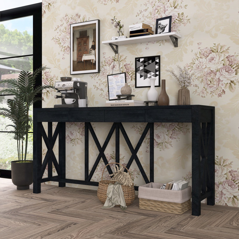 Console à 4 tiroirs en placage d'acacia avec rangement ouvert, Noir