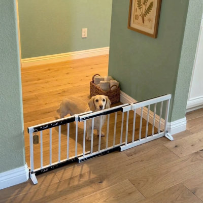 13.3" Tall Short Metal Dog Gate for Small Breeds, Freestanding with Retractable Sliding Rail, No Installation Required, Foldable & Portable for Indoor/Outdoor Use, White