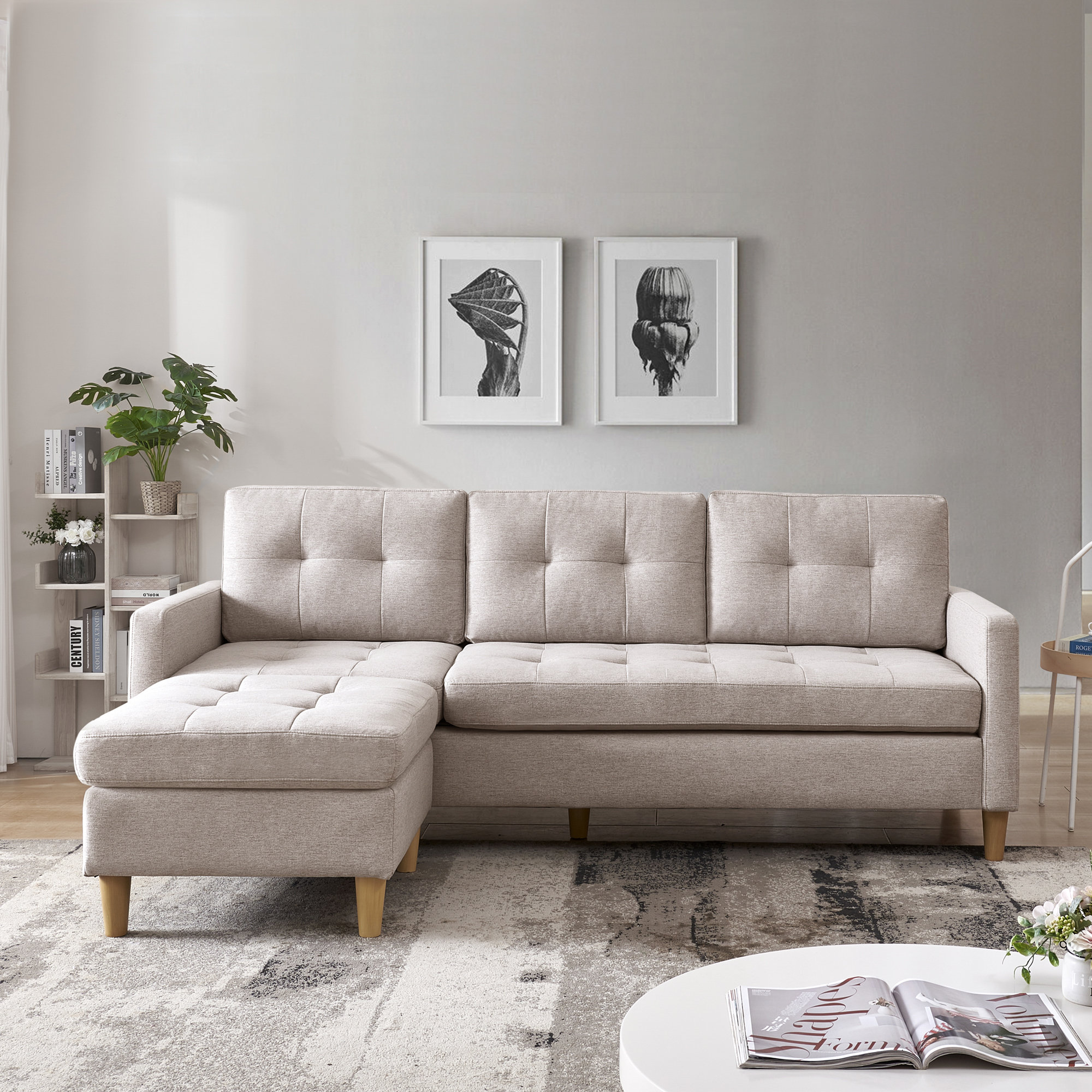 HONBAY Velvet Sectional Sofa Couch Set with Chaise and Tufted Back Cushions  for Living Room, Dull Grey 