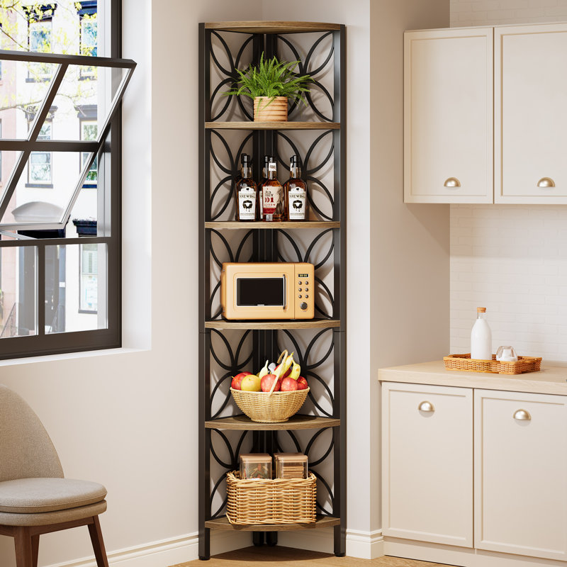 Étagère de coin 6 niveaux, étagère de rangement en bois rustique et métal, Brun