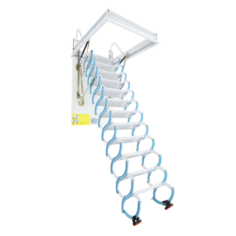 12 Steps Pull Down Folding Attic Stairs Ceiling Mounted With Pull Rod 661LB, White/Blue