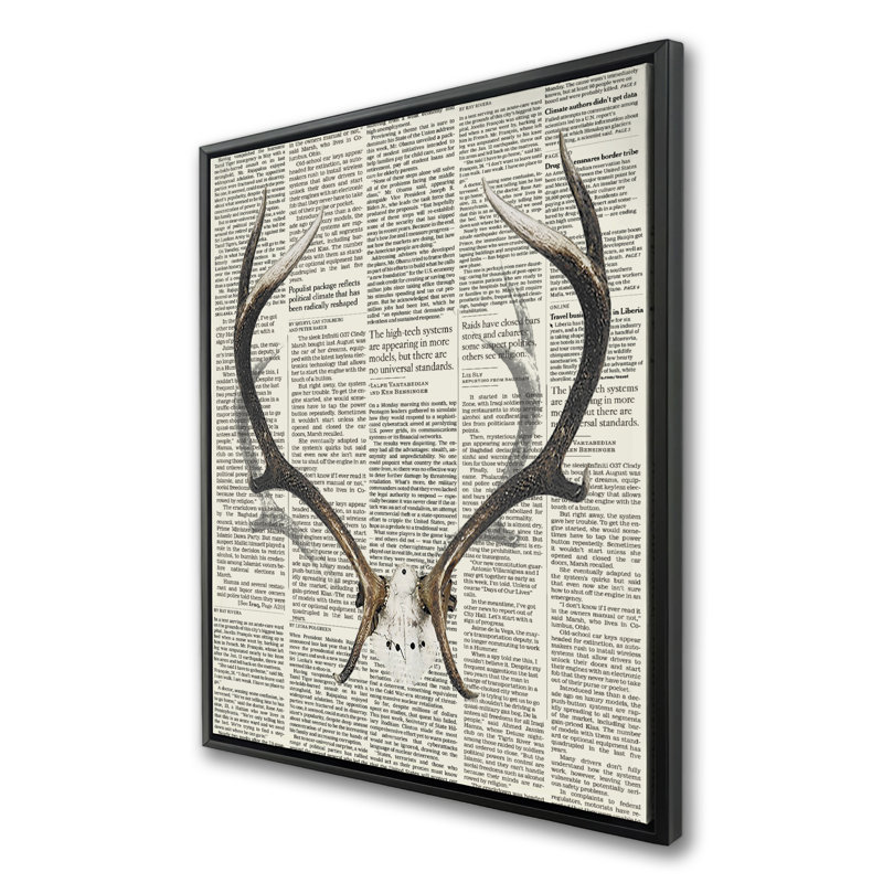 Deer Horns with Newspaper - Rustic Framed Canvas Decor