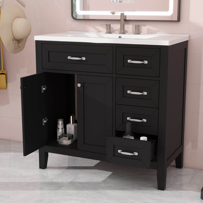 Meuble-lavabo de 36 po sans lavabo - Base d'armoire seulement équipée de tiroirs fonctionnels, Noir