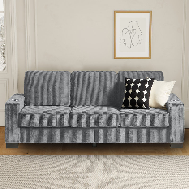 Canapé 84 places à accoudoirs carrés 84 po avec 2 coussins décoratifs, Velours côtelé gris
