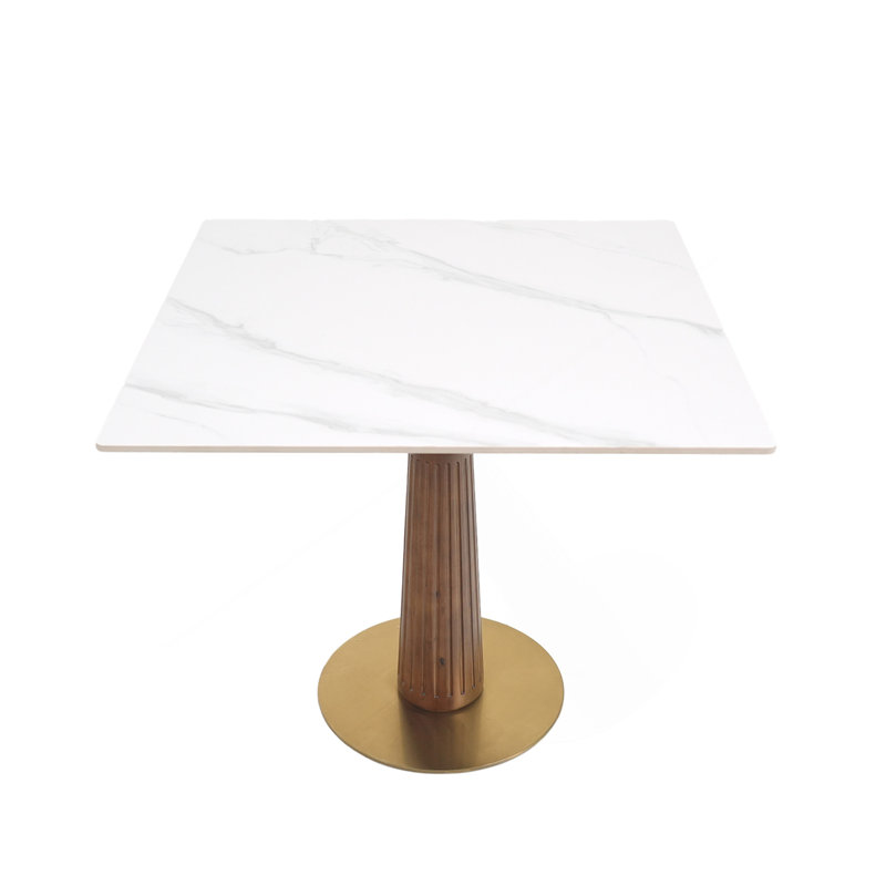 Table de salle à manger moderne carrée, table en pierre frittée de 33,5 po avec pieds en bois et base dorée, table de cuisine pour 2 personnes pour un petit espace, capacité de poids de 150 lb (seulement la table de Négociation)
